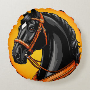 Elegant Black Horse Portrait Round Pillow