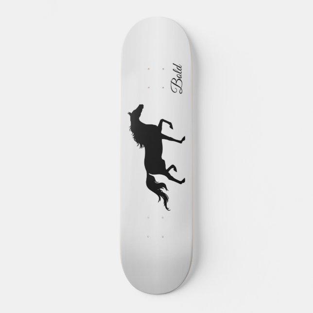 Elegant black horse silhouette on grey gradient skateboard (Front)