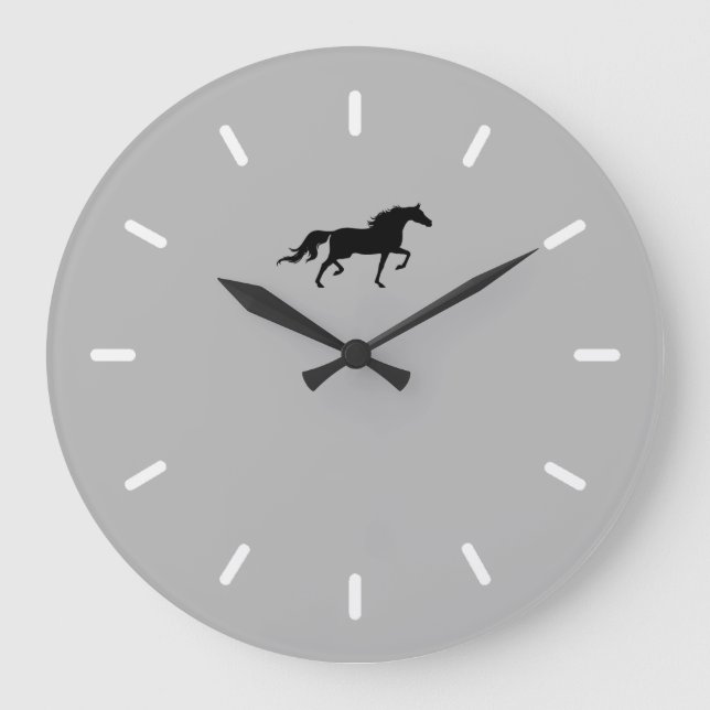 Elegant Black Horse Silhouette on Silver Grey Large Clock (Front)