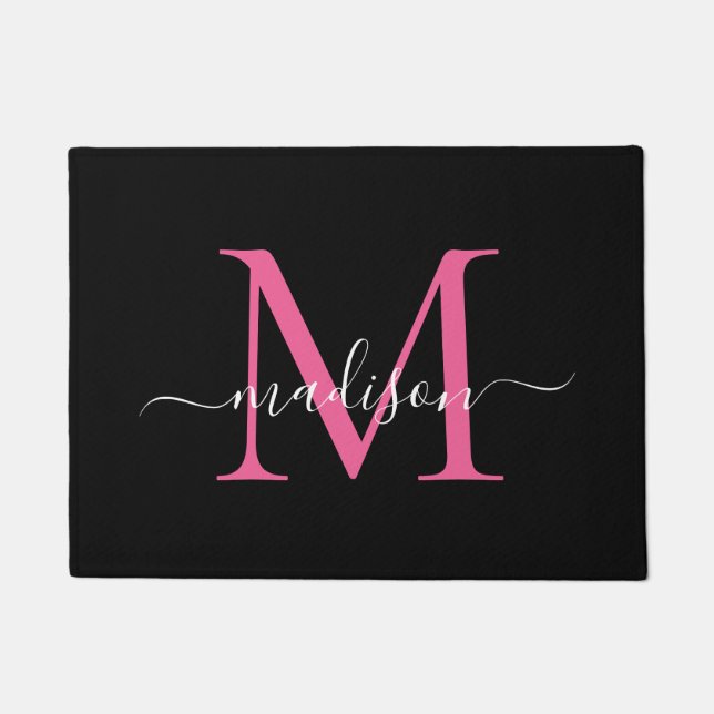 Elegant Black Hot Pink Custom Monogram Script Name Doormat (Front)