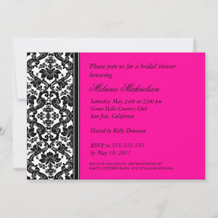 Elegant Black Hot Pink Floral Damask Bridal Shower Invitation