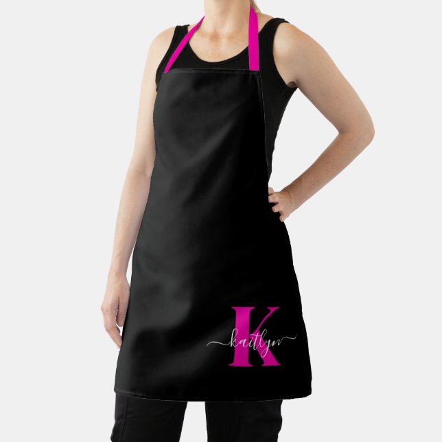 Elegant Black Hot Pink Script Monogram Apron (Insitu)