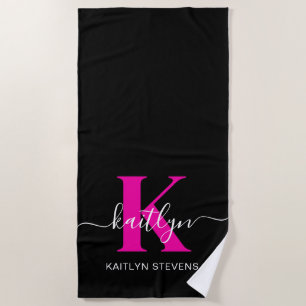 Elegant Black Hot Pink Script Monogram Beach Towel