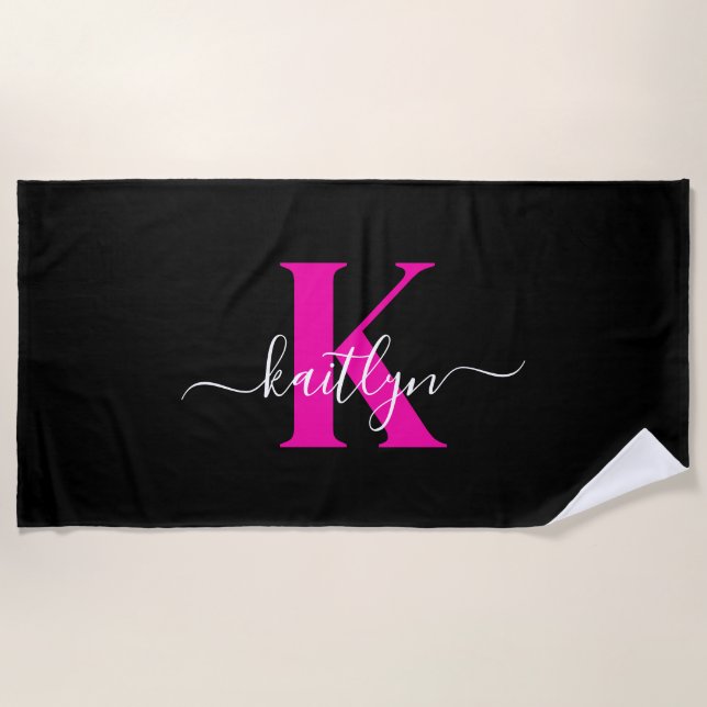 Elegant Black Hot Pink Script Monogram Beach Towel (Front)