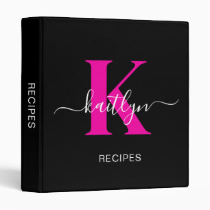 Elegant Black Hot Pink Script Monogram Binder