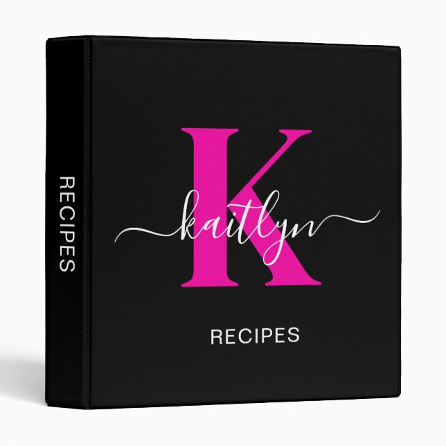 Elegant Black Hot Pink Script Monogram Binder (Front/Spine)