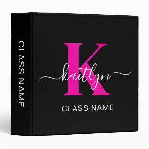 Elegant Black Hot Pink Script Monogram Binder
