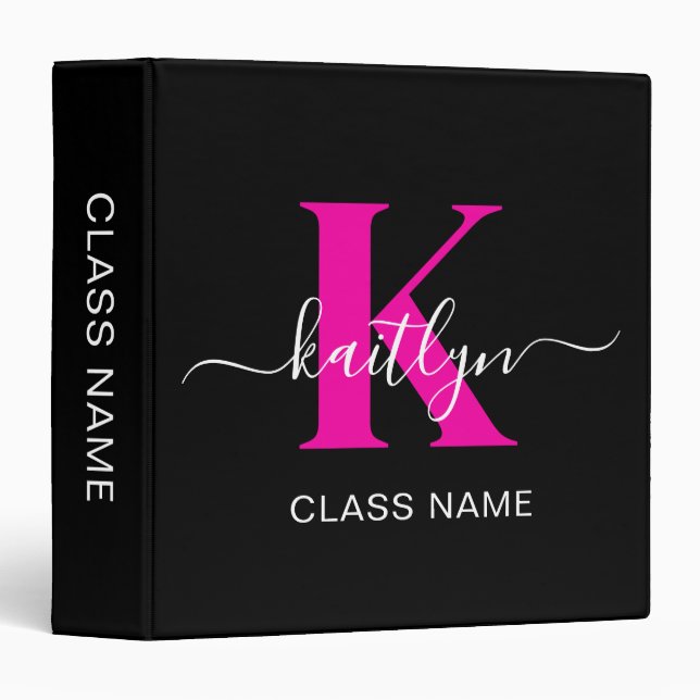 Elegant Black Hot Pink Script Monogram Binder (Front/Spine)