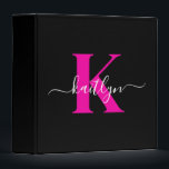 Elegant Black Hot Pink Script Monogram Binder<br><div class="desc">This simple, elegant black 2" capacity 3 ring binder with your first name in a trendy script font in white typed over your first initial in a modern cap font in hot pink is perfect for keeping your recipes, photos, papers neat and tidy. It's stylish and trendy and yet very...</div>