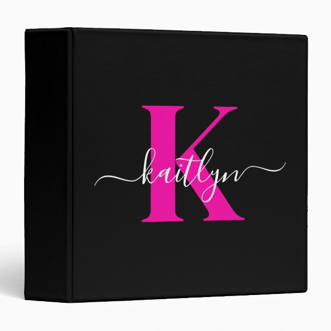Elegant Black Hot Pink Script Monogram Binder (Front/Spine)