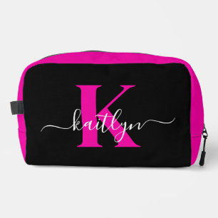 Elegant Black Hot Pink Script Monogram Dopp Kit