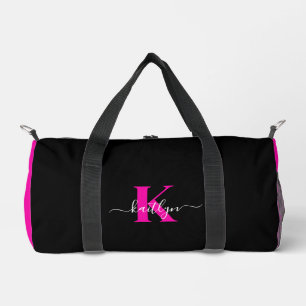 Elegant Black Hot Pink Script Monogram Duffle Bag