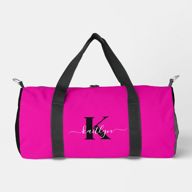 Elegant Black Hot Pink Script Monogram Duffle Bag (Front)