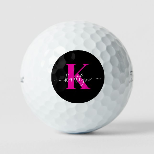 Elegant Black Hot Pink Script Monogram Golf Balls (Front)