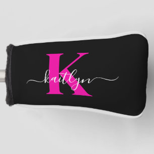 Elegant Black Hot Pink Script Monogram Golf Head Cover