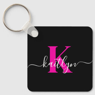 Elegant Black Hot Pink Script Monogram Keychain