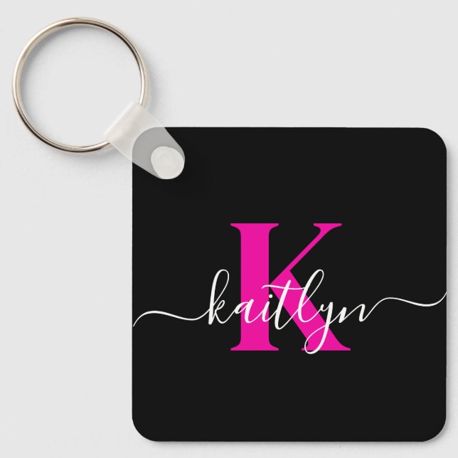 Elegant Black Hot Pink Script Monogram Keychain (Front)