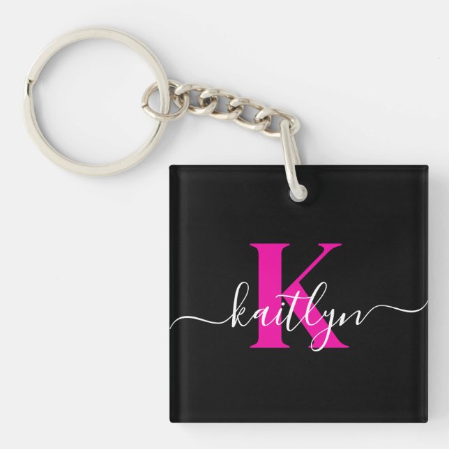 Elegant Black Hot Pink Script Monogram Keychain (Front)