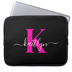Elegant Black Hot Pink Script Monogram Laptop Sleeve