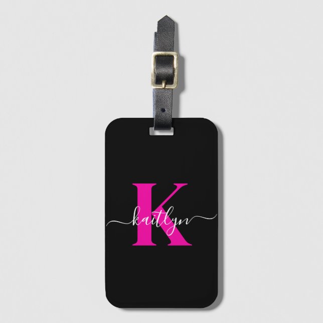 Elegant Black Hot Pink Script Monogram Luggage Tag (Front Vertical)