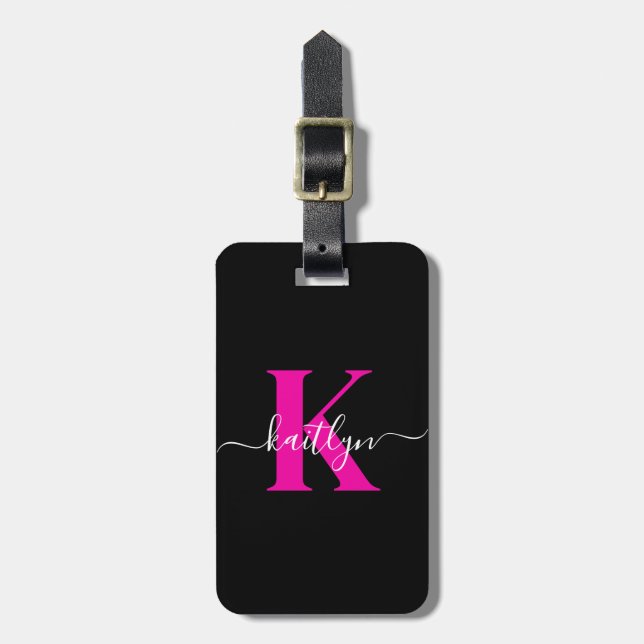 Elegant Black Hot Pink Script Monogram Luggage Tag (Front Vertical)