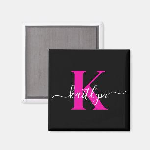 Elegant Black Hot Pink Script Monogram Magnet