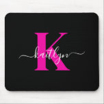 Elegant Black Hot Pink Script Monogram Mouse Pad<br><div class="desc">This simple, elegant black mousepad with your first name in a trendy script font in white typed over your first initial in a modern cap font in hot pink is perfect for your office/desk. It's stylish and trendy and yet very classic.</div>