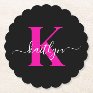 Elegant Black Hot Pink Script Monogram Paper Coaster