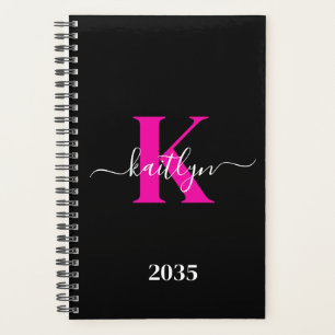 Elegant Black Hot Pink Script Monogram Planner