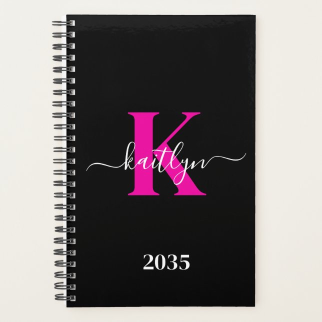 Elegant Black Hot Pink Script Monogram Planner (Front)