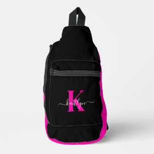Elegant Black Hot Pink Script Monogram Sling Bag