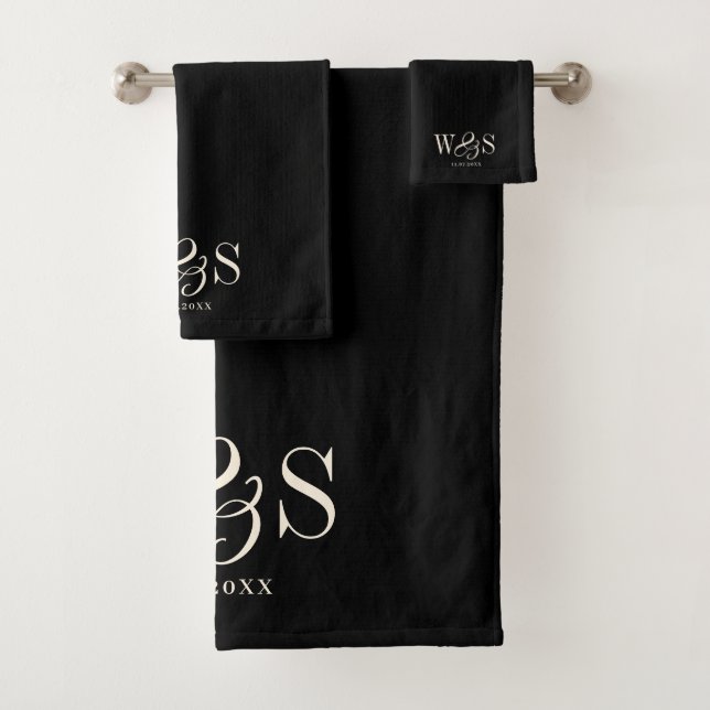 Elegant black initial wedding couples bath towel set (Insitu)