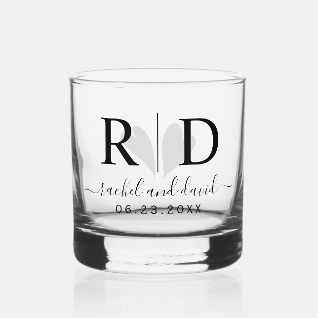 Elegant black initials and hearts wedding whiskey glass (Front)