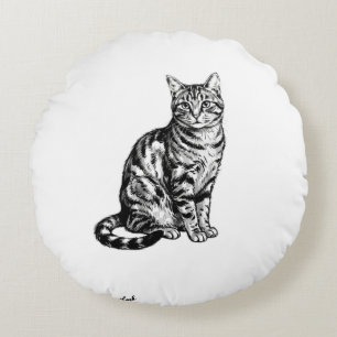 Elegant Black Ink Cat Sketch Illustration PNG Round Pillow