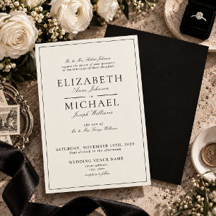 Elegant Black & Ivory Classic Script Wedding Invitation