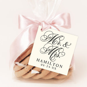 Elegant Black Ivory Mr and Mrs Script Monogram Favour Tags