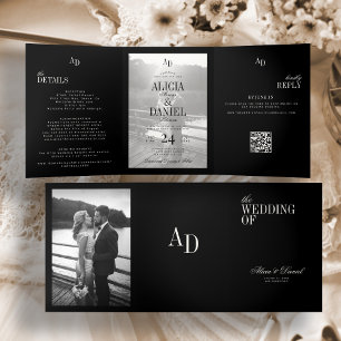 Elegant black ivory wedding photo RSVP all in one Tri-Fold Invitation