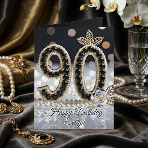Elegant Black Jewels Pearls And Gold 90th Birthday Card