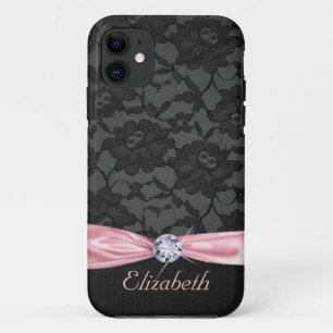 Elegant Black Lace Pink Satin Ribbon and Diamond iPhone 11 Case
