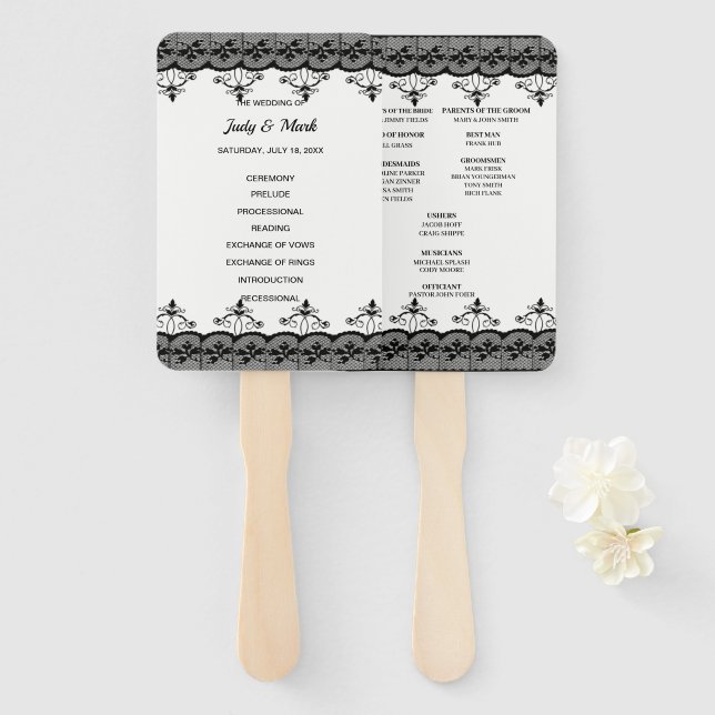 Elegant Black Lace Wedding Program Hand Fan (Front and Back)