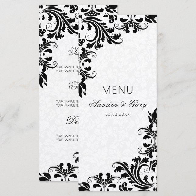 Elegant Black Lace White Damasks  Menu (Front/Back)