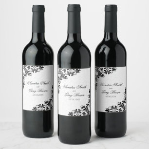 Elegant Black Lace White Damasks Wine Label