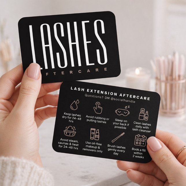 Elegant Black Lash Extension Aftercare Card (Elegant lash extension aftercare card for beauty professionals)