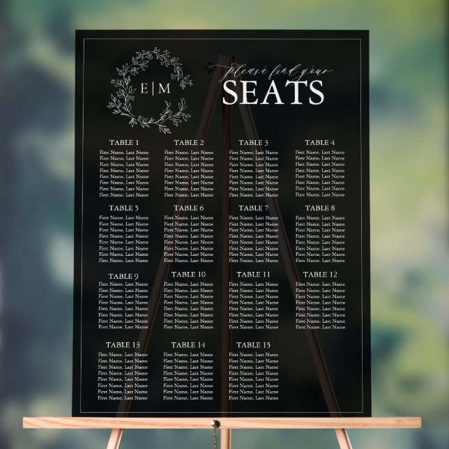 Elegant Black Leafy Crest Monogram Wedding Seating Acrylic Sign (Neutral)