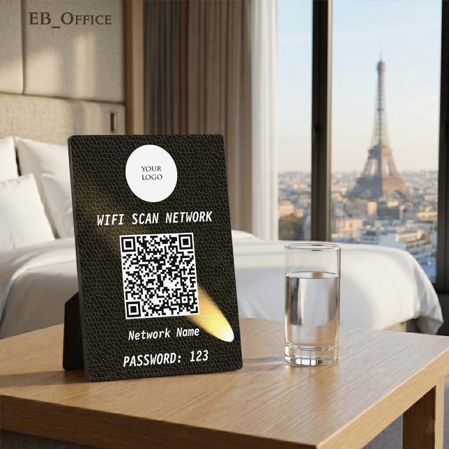 Elegant Black Leather Gold Spotlight QR Code Wifi  Plaque (Luxury QR Code Wi-fi Tabletop Sign
& Logo
•	Black Leather pattern
•	5” x 7”
)