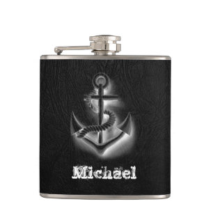 Elegant black leather look classy anchor nautical hip flask