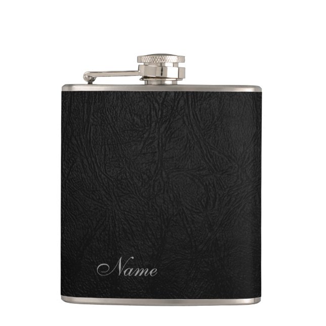 Elegant black leather look  personalized hip flask (Front)