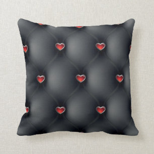 Elegant Black Leather Red Hearts Pattern Throw Pillow