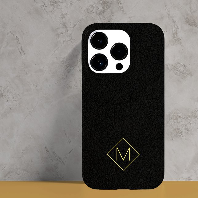 Elegant black leather simple monogrammed Case-Mate iPhone case (Creator Uploaded)