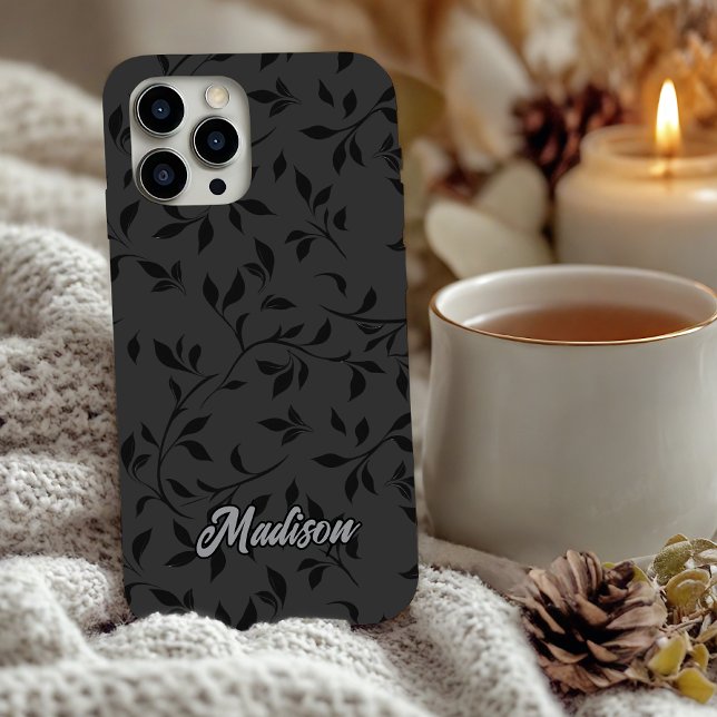 Elegant black leaves grey monogram  Case-Mate iPhone case (Creator Uploaded)